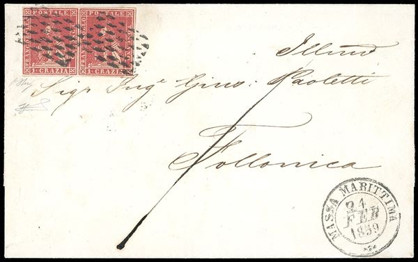 1859 - 1 crazia carminio, II emissione (12),  coppia perfetta e ben marginata, su fresca lettera da Massa Marittima 24/2/1859 a Follonica. Splendida. G.Oliva, cert. Ferrario.