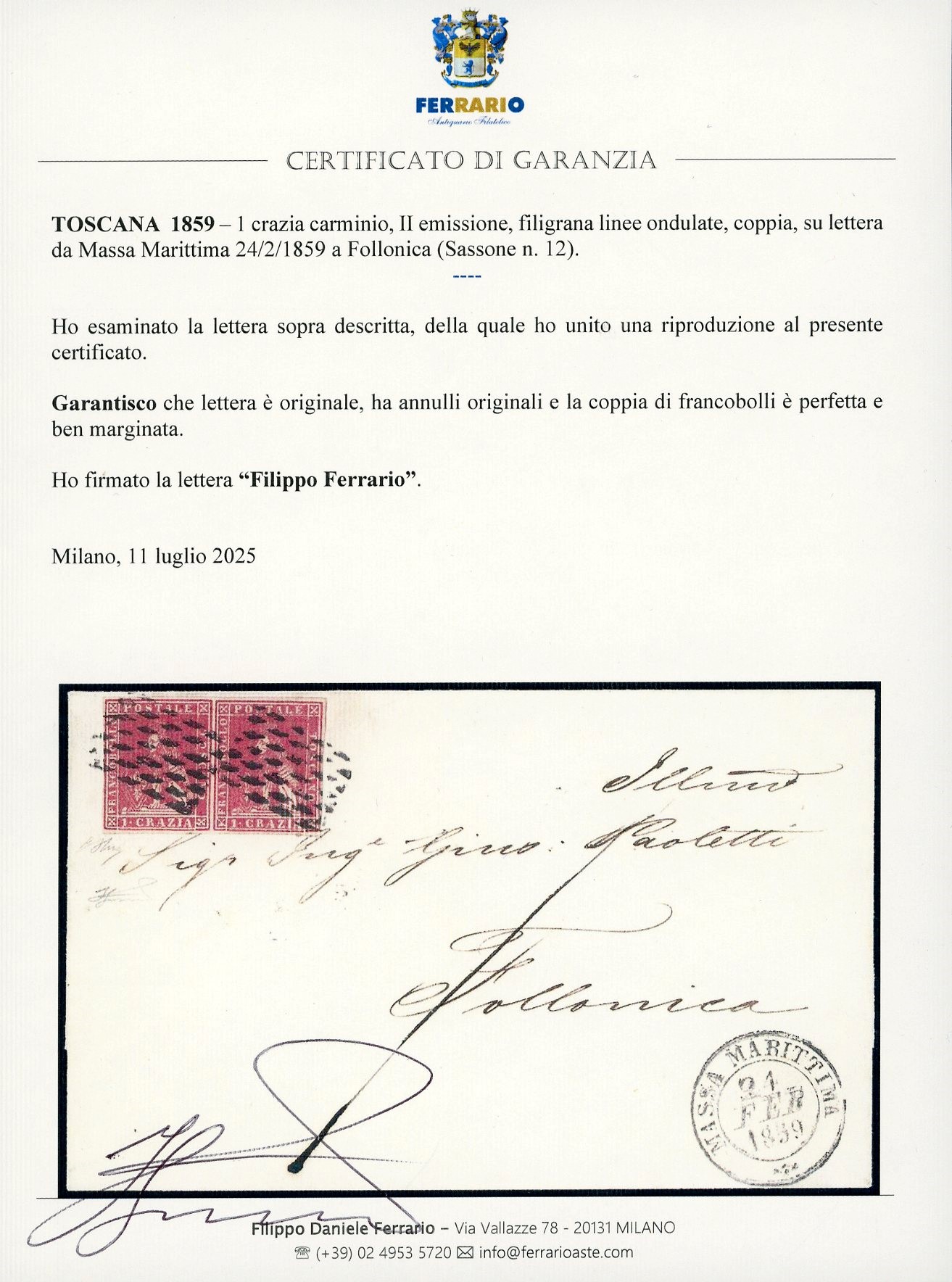 1859, 1 Crazia Carminio, II Emissione, coppia perfetta su lettera da Massa Marittima a Follonica