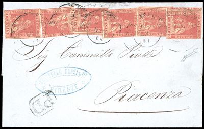 1859, 1 crazia carminio, II emissione su lettera da Firenze a Piacenza