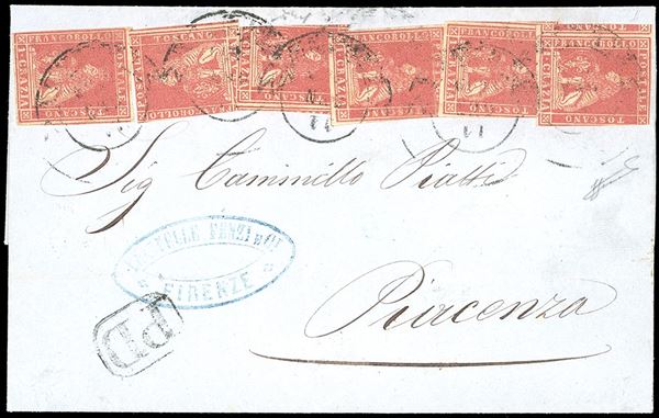 1859 - 1 crazia carminio, II emissione, filigrana linee ondulate (12), sei esemplari, difetti di marginatura , su lettera da Firenze 11/1/1859 a Piacenza, nel Ducato di Parma. Eccezionale affrancatura multipla monovalore. Cert. Ferrario.