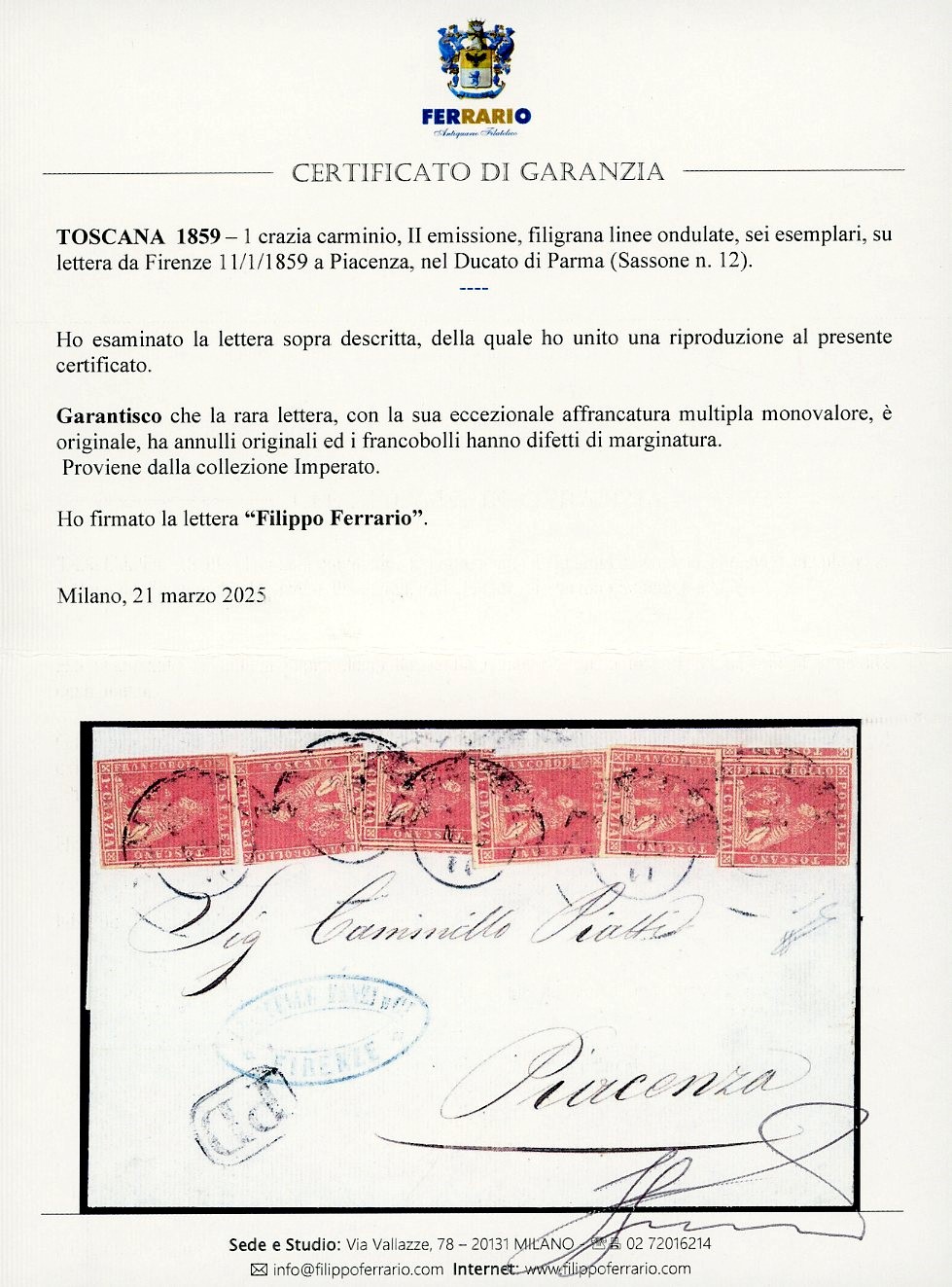1859, 1 crazia carminio, II emissione su lettera da Firenze a Piacenza