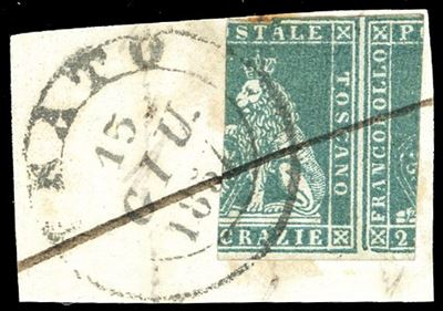 1857, 2 crazie azzurro grigio verdastro, II emissione (13a) – esemplare tagliato irregolarmente