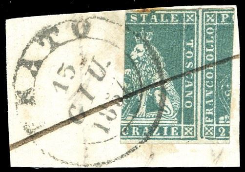 1857 - 2 crazie azzurro grigio verdastro, II emissione (13a), esemplare tagliato irregolarmente, in probabile frode postale, usato su frammento a Prato 15/6/1857, con tratto di penna obliquo a convalidare l'affrancatura. Tipologia di frode postale molto rara nel Granducato di Toscana, per specialista. Chiavarello.