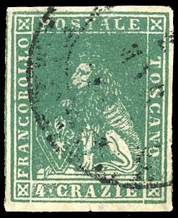 1857 - 4 crazie verde, II emissione (14), perfetto e con ampi margini su tutti i lati, usato. Molto bello. A.Diena, Ferrario.