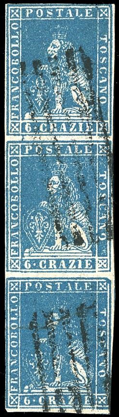 1857 - 6 crazie azzurro chiaro, II emissione (15), striscia verticale di tre, due esemplari con evidenti varietà di clichè, usata, perfetta. Raro multiplo di questo francobollo, di ottima qualità. Emilio ed Enzo Diena, Raybaudi, Ferrario.