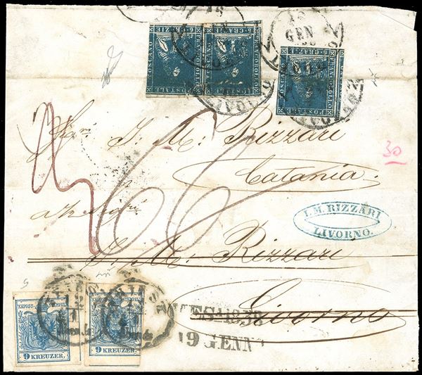 1857 - 9 kr. azzurro di Austria (Unificato 5/I), due esemplari, uno perfetto, l'altro corto a destra, su frontespizio di lettera da Trieste 12/1/1858, dove è stata riaffrancata con 6 crazie azzurro chiaro, II emissione (15), singolo e coppia, difettosi, prima di essere rispedita dal forwarder Rizzari a Catania, dove è stata tassata 66 grana per il terzo porto. Interessante e rara affrancatura mista di rispedizione. Chiavarello, Ferrario.
