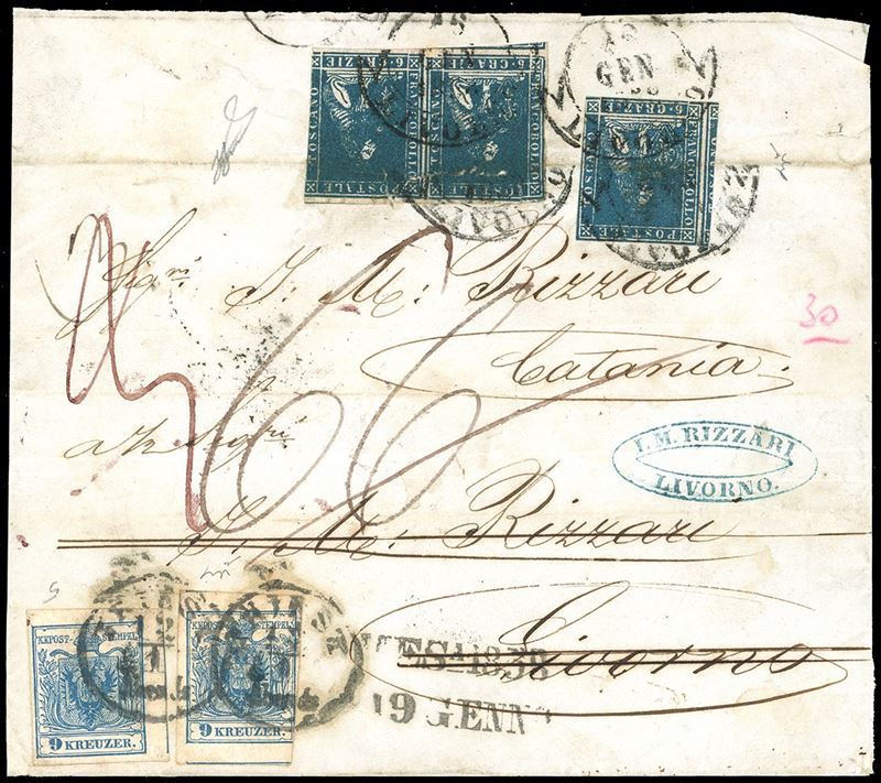1857 - 9 kr. azzurro di Austria (Unificato 5/I), due esemplari, uno perfetto, l'altro corto a destra, su frontespizio di lettera da Trieste 12/1/1858, dove è stata riaffrancata con 6 crazie azzurro chiaro, II emissione (15), singolo e coppia, difettosi, prima di essere rispedita dal forwarder Rizzari a Catania, dove è stata tassata 66 grana per il terzo porto. Interessante e rara affrancatura mista di rispedizione. Chiavarello, Ferrario.  - Asta Filatelia - Cambi Casa d'Aste