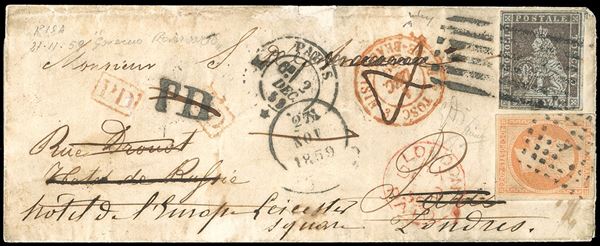 1859 - 9 crazie bruno violaceo su grigio (8), riparato, su lettera da Pisa 27/11/1859 a Parigi, dove è stata riaffrancata con 40 cent. giallo arancio Napoleone III (Francia) per essere rispedita a Londra, come da indicazione manoscritta al verso. Eccezionale affrancatura mista di rispedizione, impreziosita dall'essere stata spedita in periodo di Governo Provvisorio. Insieme di grande fascino, probabilmente unica. Em.Diena, Chiavarello, cert. E.Diena. Ex coll. Imperato.