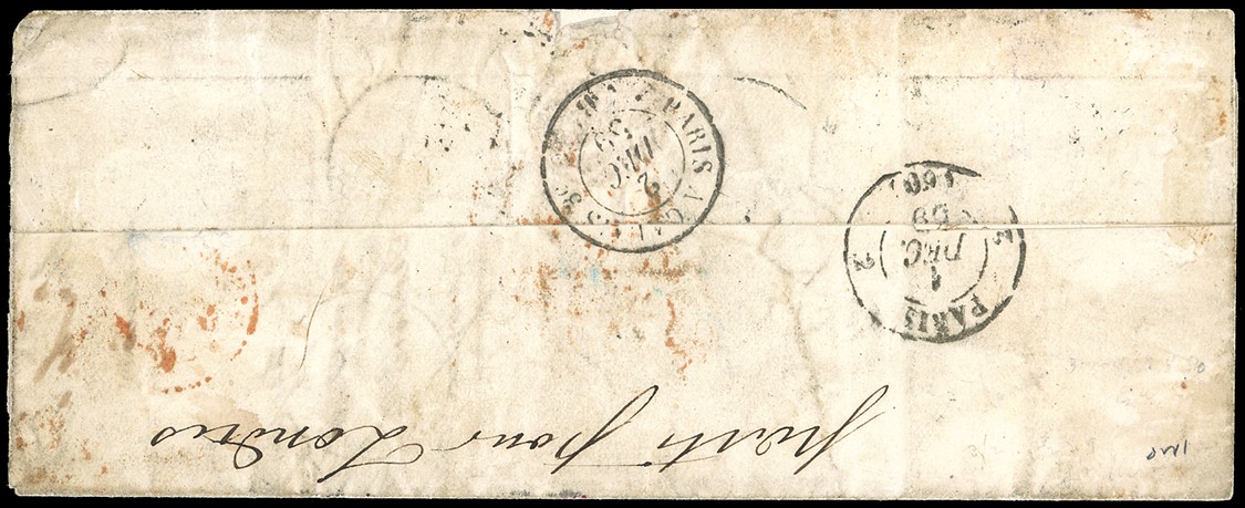 1859, Affrancatura mista da Pisa a Londra con ricorso a Napoleone III