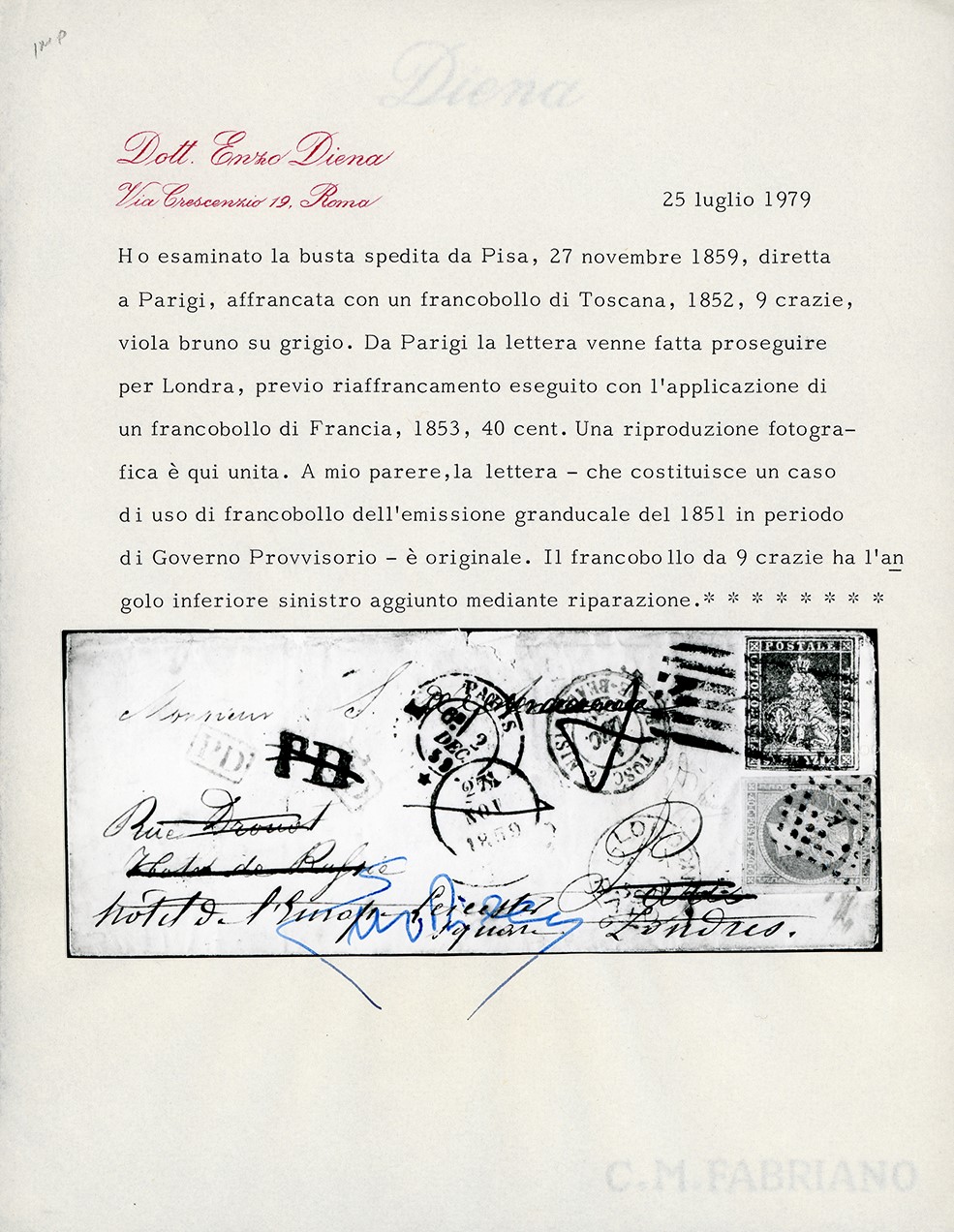 1859, Affrancatura mista da Pisa a Londra con ricorso a Napoleone III