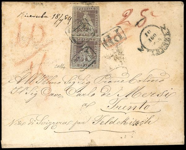 1859 - 9 crazie bruno violaceo chiaro su grigio, I emissione (8c), coppia verticale con margini eccezionali, piccola grinza d'applicazione al centro, su lettera da Firenze 10/8/1859 a Trento, transitata per la via di Svizzera e con segni di tassa sul fronte. Interessante e rara. Cert. Colla. Ex coll. Imperato.
