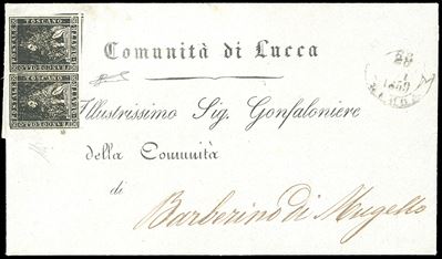 1859, 1 quattrino nero, II emissione (10), coppia perfetta su circolare a stampa