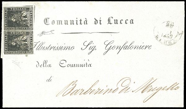 1859 - 1 quattrino nero, II emissione (10), coppia perfetta con ampi margini, su circolare a stampa da Lucca 28/11/1859 a Barberino del Mugello. Insieme molto fresco e di ottima qualità, impreziosito dell'uso durante il Governo Provvisorio. A.Diena, cert. Ferrario. Ex coll. Imperato.