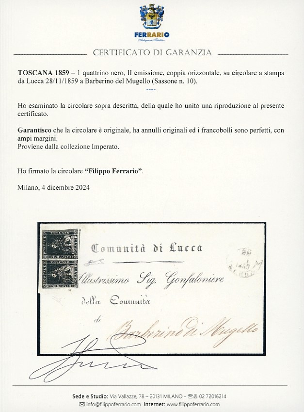 1859, 1 quattrino nero, II emissione (10), coppia perfetta su circolare a stampa
