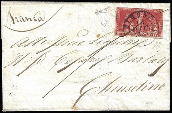 1859 - 1 crazia carminio, II emissione (12), coppia perfetta, su fresca lettera da Radicondoli 14/12/1859 per Chiusdino. Molto bella! Emilio Diena, cert. E.Diena.