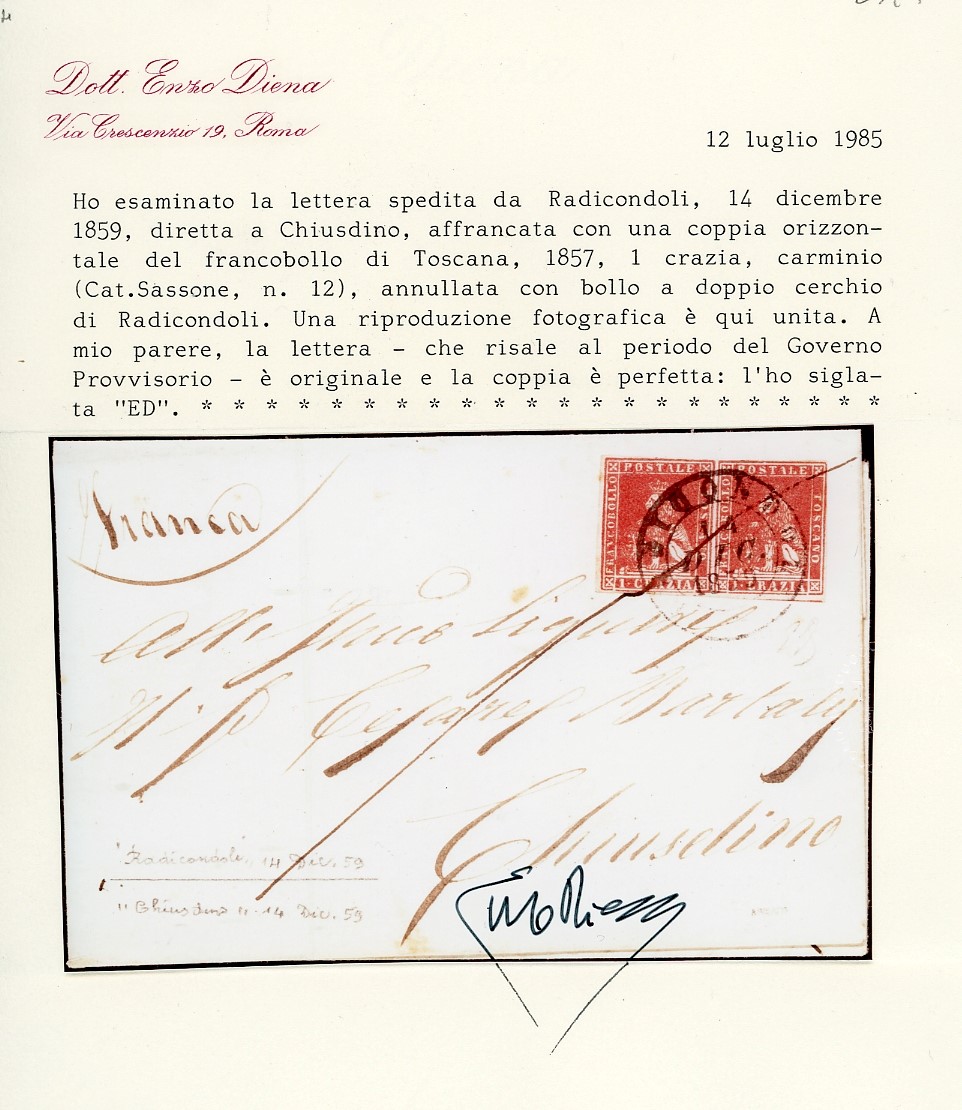 1859, 1 Crazia Carminio, II Emissione (12), Coppia Perfetta su Lettera da Radicondoli per Chiusdi...