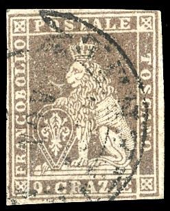 1859 - 9 crazie bruno lillaceo, filigrana linee ondulate (16), usato con annullo leggero, perfetto. Raro. A.Diena, cert. Ferrario.