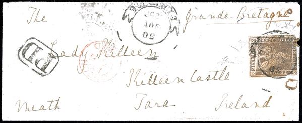 1859 - 9 crazie bruno lillaceo, filigrana linee ondulate (16), difetti di marginatura, isolato su piccola busta da Firenze 30/11/1859 per l'Irlanda. Si tratta dell' UNICA LETTERA NOTA affrancata con questo raro francobollo indirizzata in Irlanda! Da esposizione E.Diena, Chiavarello, cert. Ferrario. Ex coll. Imperato.