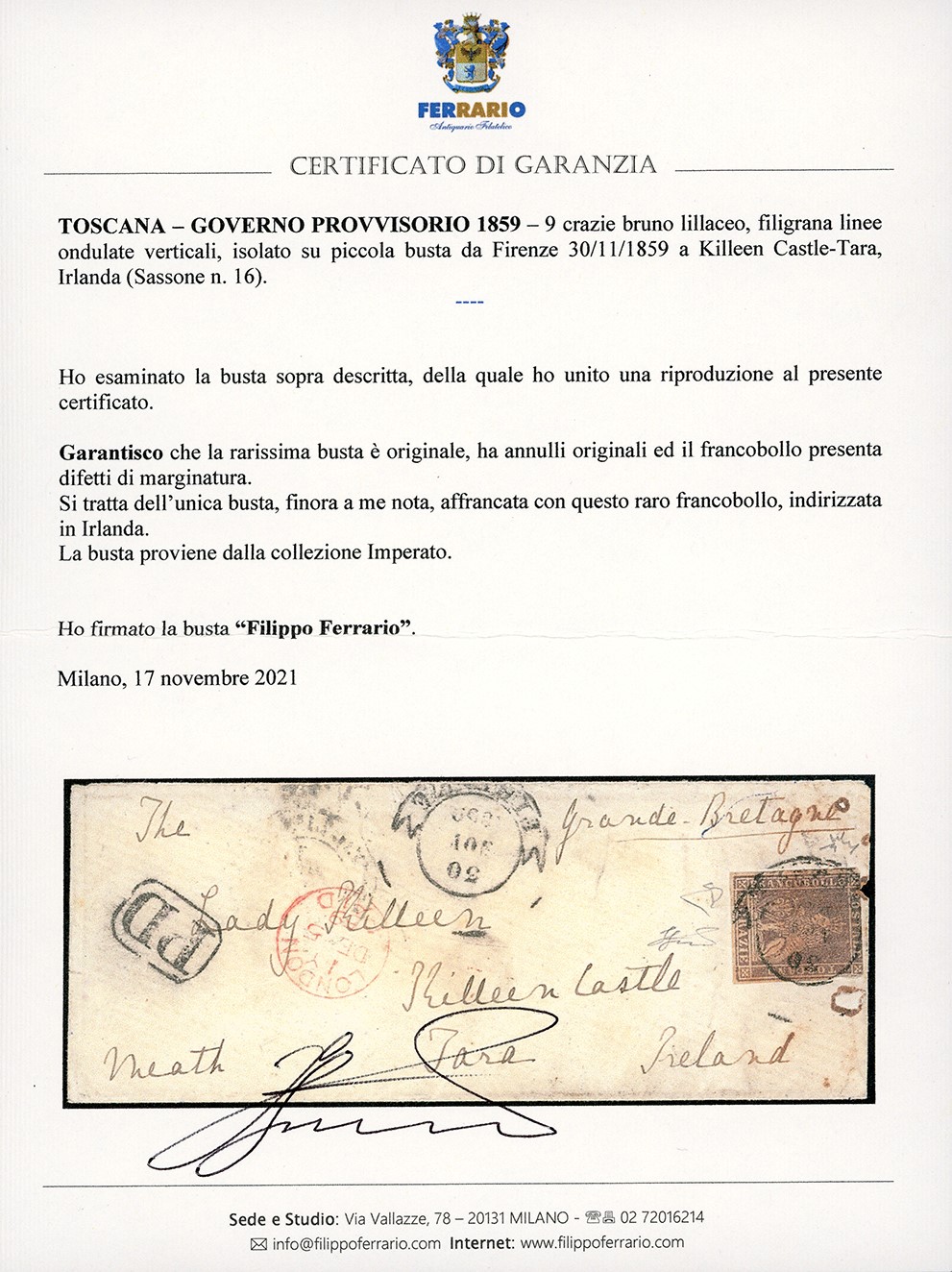1859, Lettera affrancata con francobollo '9 crazie bruno lillaceo', isolata su busta da Firenze p...