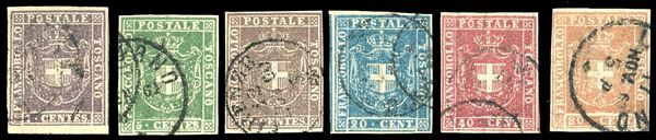1860 - L'emissione completa senza il 3 lire (17/22), usati, perfetti. Tutti molto freschi e ben marginati. Il primo e l'ultimo cert. Bolaffi, tutti firmati A.Diena e cert. Ferrario.
