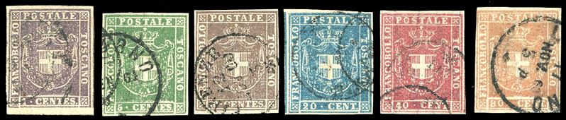 1860 - L'emissione completa senza il 3 lire (17/22), usati, perfetti. Tutti molto freschi e ben marginati. Il primo e l'ultimo cert. Bolaffi, tutti firmati A.Diena e cert. Ferrario.  - Asta Filatelia - Cambi Casa d'Aste