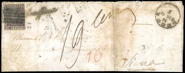 1861 - 1 cent. violetto bruno (17), corto a sinistra, isolato su lettera da Lucca 24/5/1861 a Siena. Il tentativo in frode di utilizzare un francobollo da 1 cent in luogo di quello da 10 cent., di colore simile, venne scoperto e la lettera venne tassata per 19 cent., pari al doppio della tariffa dovuta diminuita dell'affrancatura effettivamente applicata. Insieme molto interessante e raro, probabilmente unico. Chiavarello. Ex coll. Imperato.