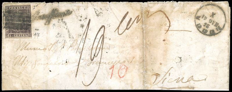 1861 - 1 cent. violetto bruno (17), corto a sinistra, isolato su lettera da Lucca 24/5/1861 a Siena. Il tentativo in frode di utilizzare un francobollo da 1 cent in luogo di quello da 10 cent., di colore simile, venne scoperto e la lettera venne tassata per 19 cent., pari al doppio della tariffa dovuta diminuita dell'affrancatura effettivamente applicata. Insieme molto interessante e raro, probabilmente unico. Chiavarello. Ex coll. Imperato.  - Asta Filatelia - Cambi Casa d'Aste