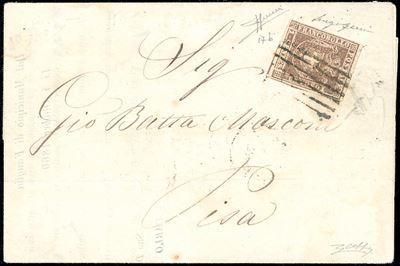 1860, 1 cent. bruno lilla (17b), circolare a stampa da Fauglia a Pisa