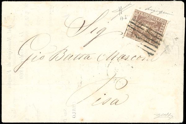 1860 - 1 cent. bruno lilla (17b), perfetto, isolato su circolare a stampa da Fauglia a Pisa 7/10/1860. Raro uso isolato su circolare, di ottima qualità. Sorani, cert. Colla.