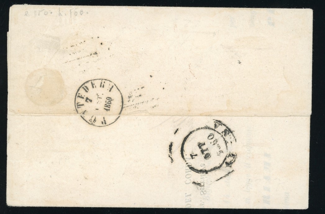 1860, 1 cent. bruno lilla (17b), circolare a stampa da Fauglia a Pisa