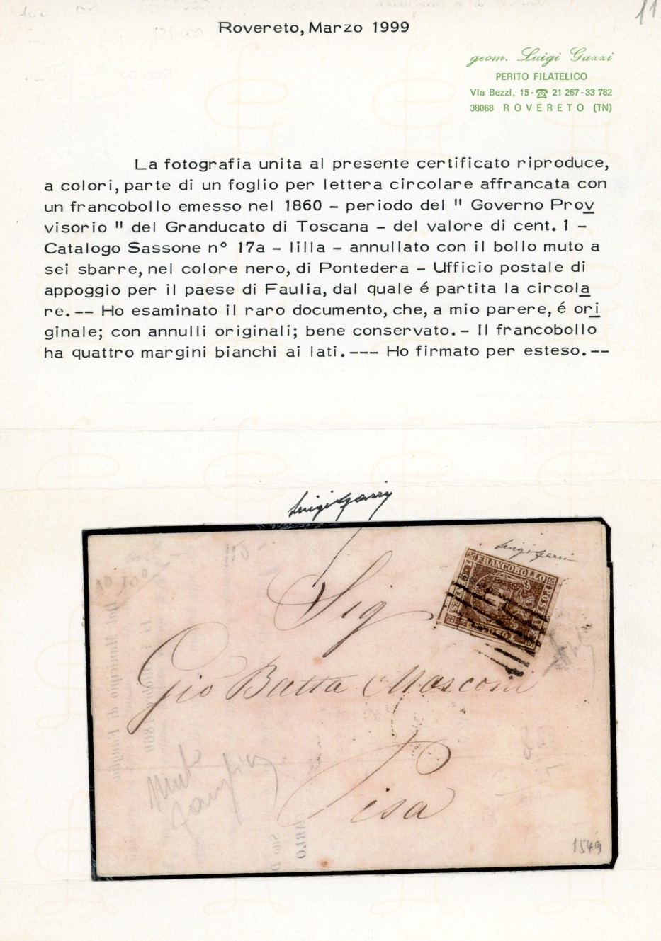 1860, 1 cent. bruno lilla (17b), circolare a stampa da Fauglia a Pisa