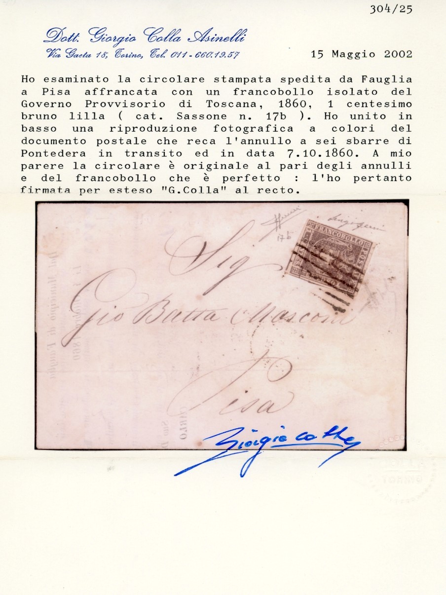 1860, 1 cent. bruno lilla (17b), circolare a stampa da Fauglia a Pisa