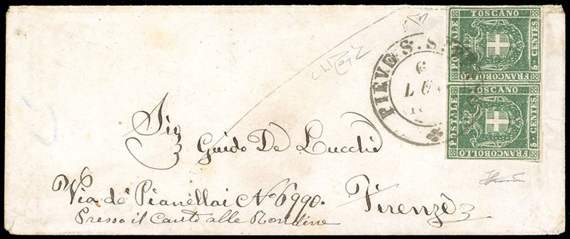1861 - 5 cent. verde (18), coppia, margini da ampi a completi, su busta da Pieve S.Stefano 6/7/1861 a Firenze. E.Diena, Ferrario, cert. Raybaudi.  - Auction Philately - Cambi Casa d'Aste