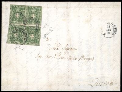 1861, 5 cent. verde (18), blocco di quattro su lettera