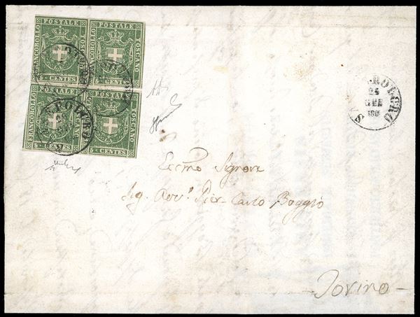 1861 - 5 cent. verde (18), due coppie orizzontali, accostate a comporre un blocco di quattro, margini da ampi a leggermente corti a sinistra, su lettera da San Sepolcro 24/1/1861 a Torino. Multiplo molto raro e di grande effetto. A.Diena, Chiavarello, cert. Ferrario.