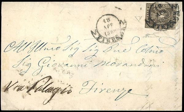 1860 - 10 cent. bruno (19), perfetto e ben marginato, isolato su lettera di doppio porto, 5 cent. x2, da Firenze 18/4/1860 per città. PORTO MULTIPLO PER CITTA' MOLTO RARO, di ottima qualità. Cert. E.Diena.