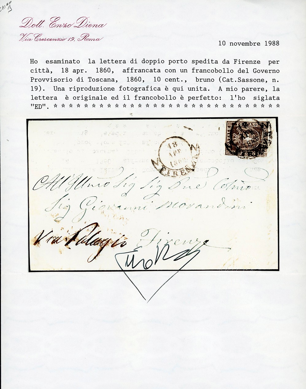 1860 - 10 cent. bruno, isolato su lettera di doppio porto, Firenze
