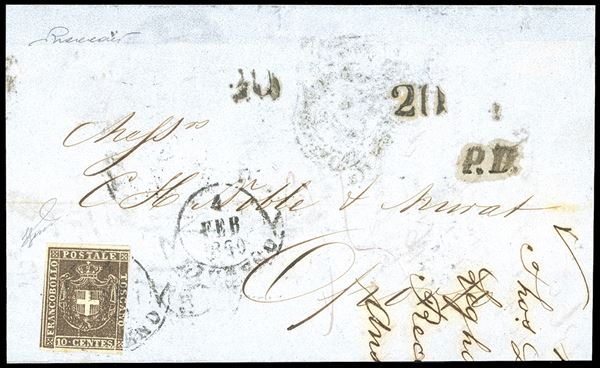 1860 - 10 cent. bruno (19), un po' corto a destra, tre ottimi margini, eccezionalmente in uso isolato su circolare per l'estero, da Livorno 4/2/1860 ad Oporto in Portogallo, tassata in azzurro 20 r. Rarissima e pochissimi casi noti. Vaccari, cert. Ferrario. Ex collezione Imperato.