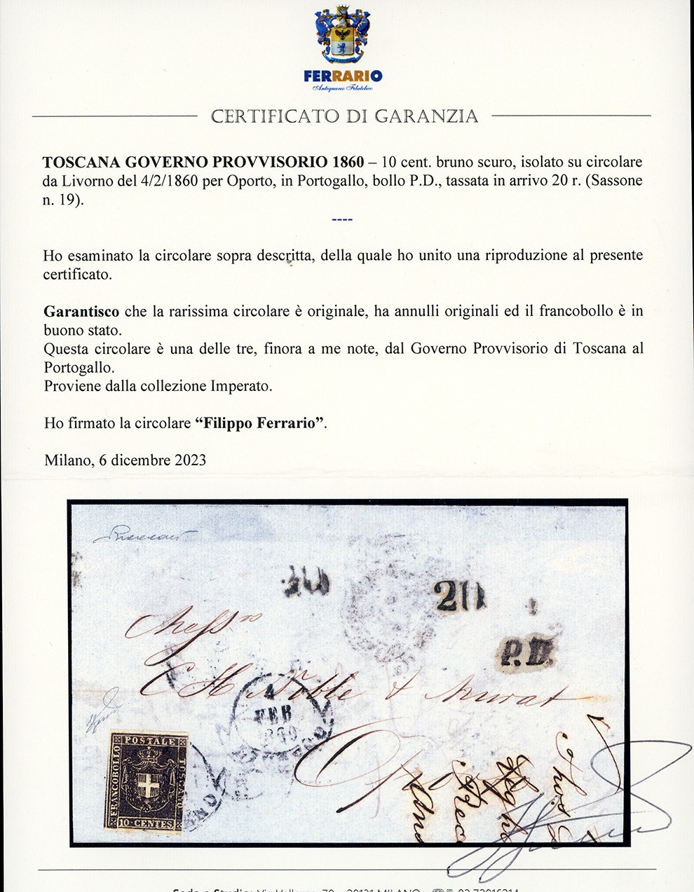 1860, 10 centesimi bruno, circolare per l'estero da Livorno a Oporto