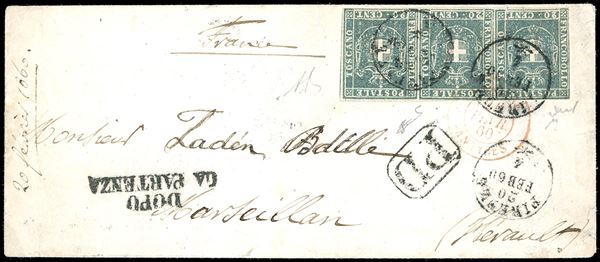 1860 - 20 cent. azzurro grigio, striscia di tre (20b), appena sfiorata a sinistra, su fresca bustina da Firenze 20/2/1860 a Marseillan in Francia. Molto fresca e non comune. A.Diena, Chiavarello, cert. Ferrario.