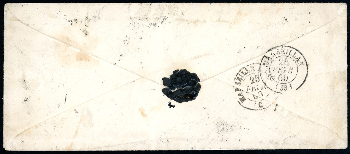 1860, 20 cent. azzurro grigio, striscia di tre su fresca bustina da Firenze a Marseillan