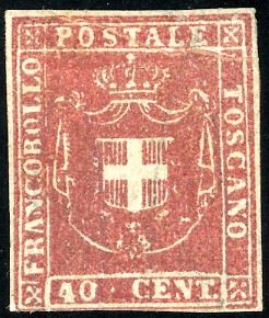 1859 - 40 cent. carminio (21), plì d'accordeon in alto, tre ottimi margini, sfiorato in basso, nuovo, gomma originale, perfetto. Raro e molto fresco. Cert. storico A.Diena e Ferrario.