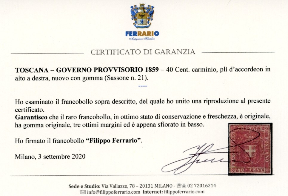 1859, 40 centesimi carminio, gomma originale, nuovo