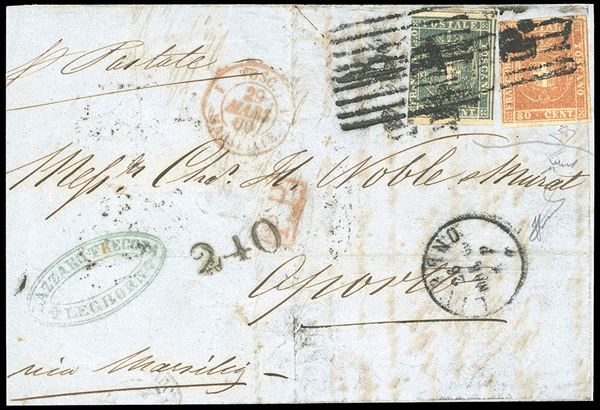1860 - 80 cent. carnicino, perfetto, 20 cent. azzurro grigio verdastro chiaro, tre ottimi margini, corto a sinistra (22,20c), su lettera da Livorno 26/3/1860 ad Oporto, in Portogallo, tassata in arrivo 240 r. con bollo a tampone. Destinazione molto rara. E.Diena, Chiavarello, cert. Ferrario. Ex coll. Imperato.