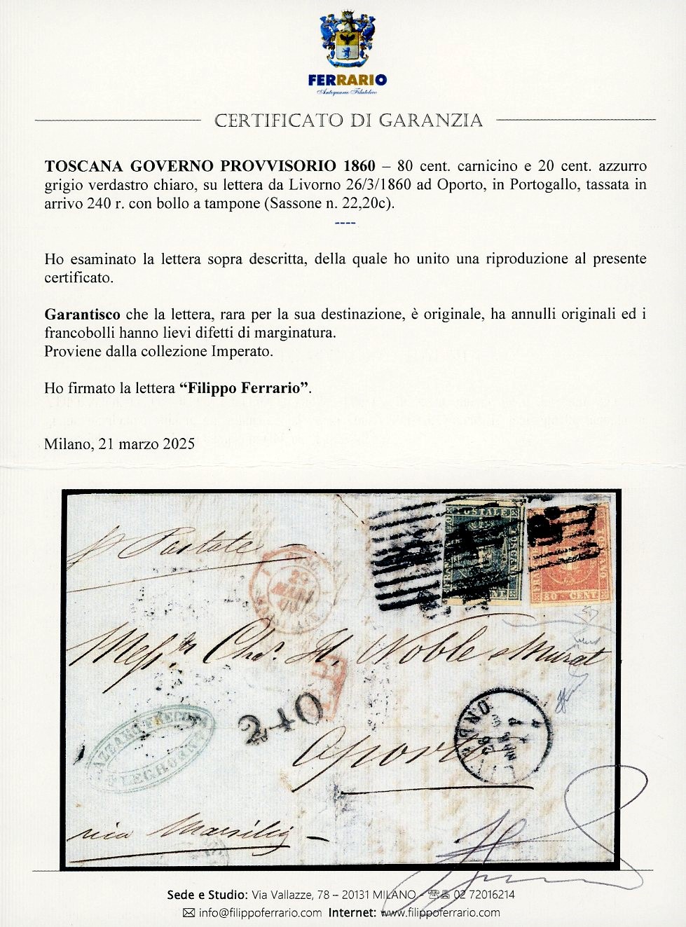 Franco di Livorno, 1860 - 80 cent. carnicino e 20 cent. azzurro grigio verdastro chiaro su letter...