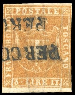 1860 - 3 lire ocra arancio (23a), usato, annullo 'PER CONSEGNA', margini da molto ampi a completi, perfetto. Colore eccezionalmente vivace, tassello del valore completamente visibile e stato di conservazione impeccabile. Cert. Ferrario di garanzia. Come da certificati allegati di Alberto ed Enzo Diena, è da considerarsi uno dei migliori esemplari esistenti. Grande rarità dell'area italiana.