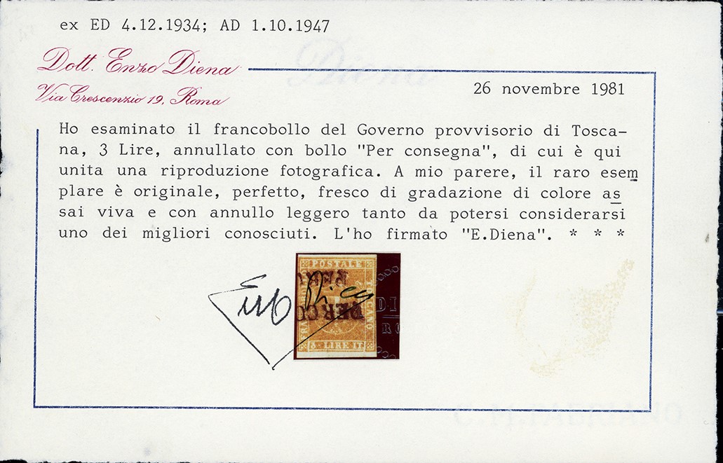 1860, 3 Lire Ocra Arancio (23a), Usato con Annullo 'PER CONSEGNA'