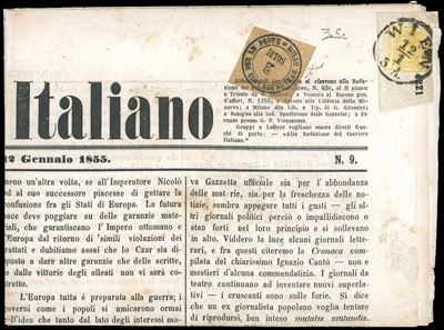 1855, Francobollo da 2 soldi nero su giornale "Corriere Italiano" del 12 gennaio 1855