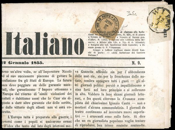 1855 - 2 soldi nero (1), perfetto, applicato in arrivo su copia completa del giornale "Corriere Italiano" del 12/1/1855 affrancato con 1 kr. giallo di Austria (1), difettoso, spedito da Vienna 12/1/1855 a Firenze 17/1/1855, bollo d'arrivo. Insieme probabilmente unico. Chiavarello, cert. Colla. Ex coll. Imperato.