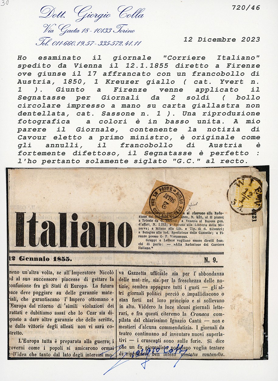 1855, Francobollo da 2 soldi nero su giornale "Corriere Italiano" del 12 gennaio 1855